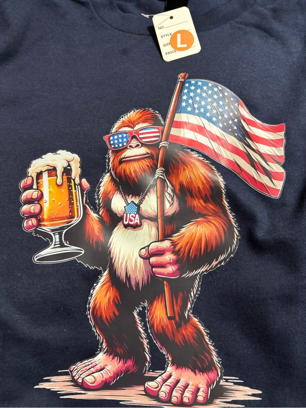 NEW Patriotic Sasquatch Graphic Tee - Navy with USA Flag - Large